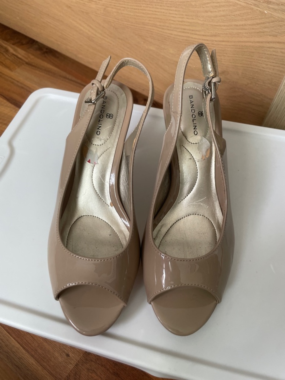 Bandolino Nude Patent Peep-Toe Slingback Heels